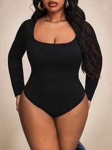 Truni Plus Ribbed Knit Bodysuit Spring Clothes, For Winter, For Pear & Triangle Body Shape - Black - View 4