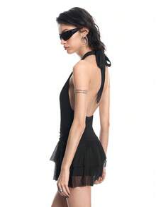 Airlisse Women Black Summer Deep V-Neck Halter Mesh Patchwork Mini Jumpsuit Dress,Techno Rave Birthday Party,High Stretch Metal Buckle Tie Back Ruffle Hem Y2K - Black - View 3