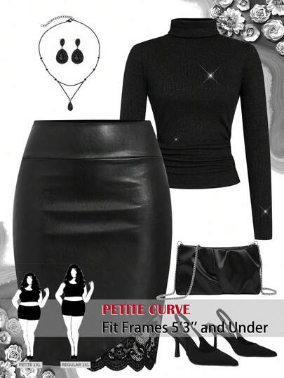 SHEIN PETITE CURVE Plus Size High Waist Solid Color Contrast Lace Bodycon Skirt, Autumn