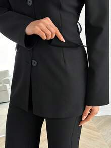 EURMUSE Off-Shoulder Belted Button Front Blazer & Wide Leg Pants Two Pieces Set - Black - View 5