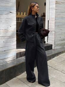 Livesso 女士高领宽松上衣和休闲裤两件套，秋冬季 - 藏蓝色 - 查看 3