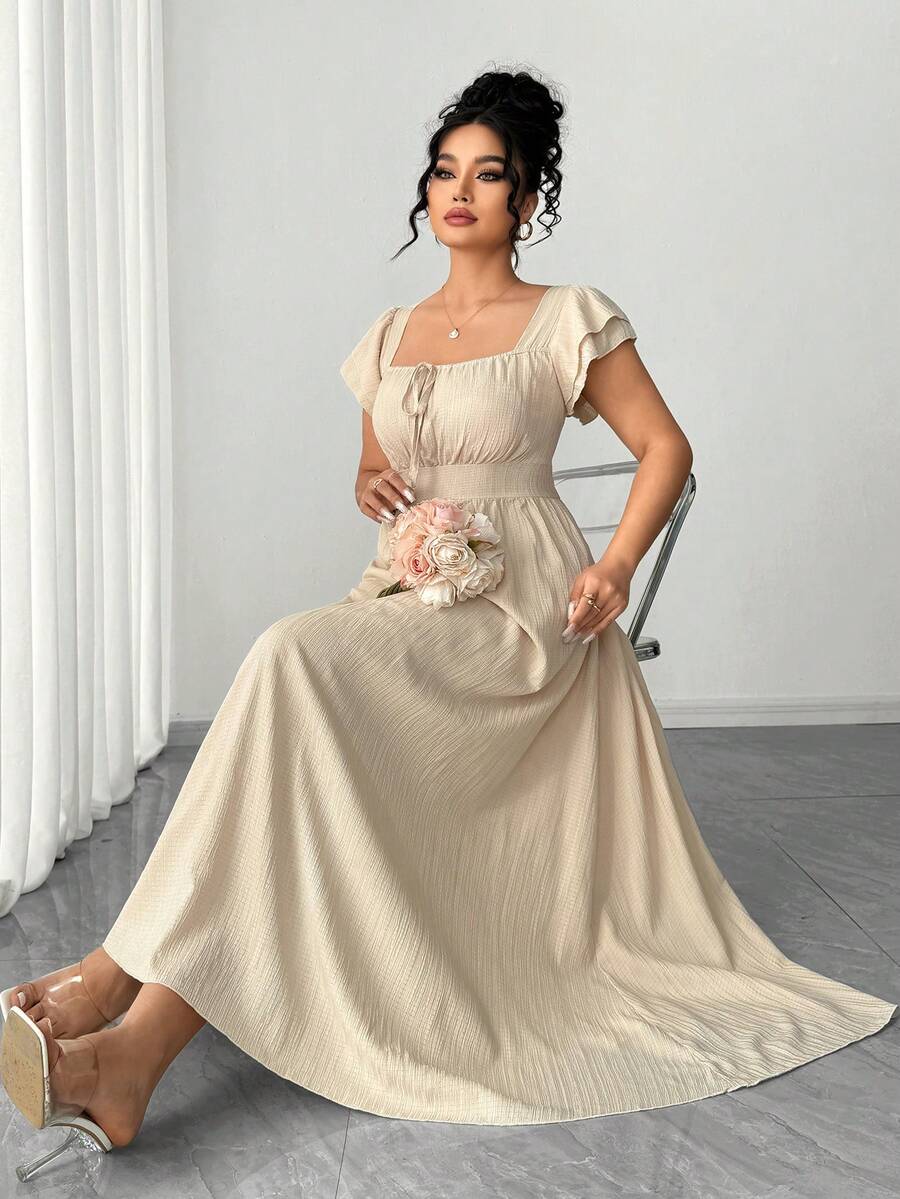 Elenzga Đầm nữ cỡ lớn cổ vuông tay bèo nhún đôi thiết kế nơ trước và sau, kiểu dáng thường ngày, thích hợp cho mùa xuân/hè. - Màu be - Xem 1