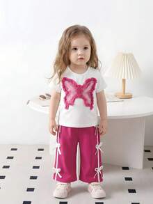 SHEIN 2件套女婴针织白色和粉色牛仔蝴蝶结装饰短袖上衣T恤和直筒裤套装，时尚休闲女童装 - 白色 - 查看 6