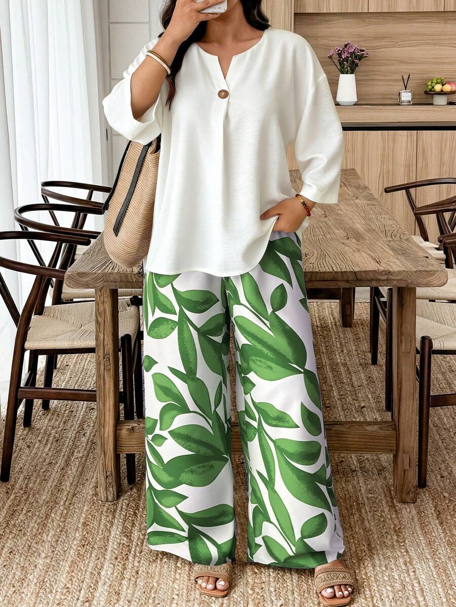 EMERY ROSE Bộ 2 món cỡ lớn, kiểu dáng thường ngày, gồm áo dài tay màu trơn và quần dài in họa tiết. - Nhiều màu - Xem 1