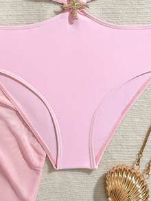 Pink Casual Tween Girls Solid One-Piece Swimsuit Pink Starfish Cut-Out Camisole One-Piece Swimsuit + Matching Sarong Two-Piece Set, Sweet Vacation Style Girls' Swimwear Pink Tween Swimsuit Teen Girl Resort Wear Teen Girl Swim Dress Two Piece Bathing Suit Light Pink Girl Solid Color Bathing Suits Pink Bathing Suit Starfish Bathing Suit Swimsuits Pink - Baby Pink - View 6