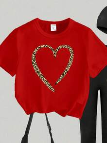 春夏秋季少女休闲时尚创意个性清新别致简约豹纹爱心印花基础款短袖T恤和打底裤套装，舒适百搭，适合情人节氛围 - 彩色 - 查看 6