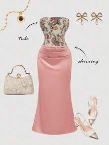 SHEIN MOD 女士花卉拼接提花褶裥鱼尾优雅无肩带中长连衣裙 - 藕粉色 - 查看 1