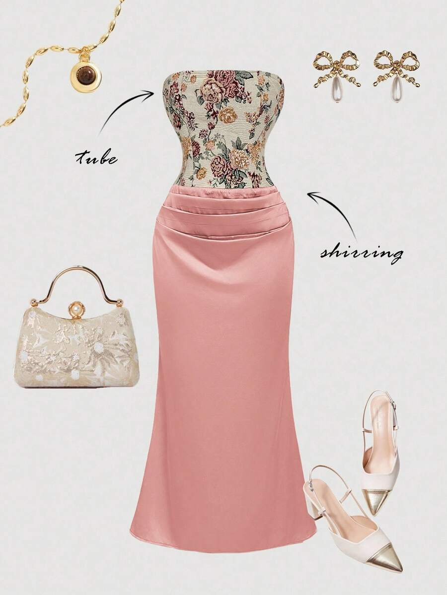 SHEIN MOD 女士花卉拼接提花褶裥鱼尾优雅无肩带中长连衣裙 - 藕粉色 - 查看 1