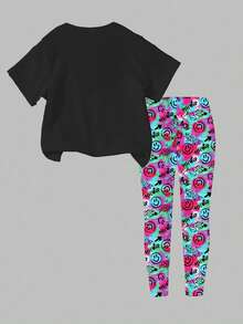 2pcs/Set Girls Casual Chic Creative Personalized Fresh Minimalist Cartoon Rabbit Bow Heart Teddy Bear Face Tie-Dye Letter Graphic Print T-Shirt And Pants Suit, Comfortable Daily Wear, Suitable For Spring, Summer, Autumn