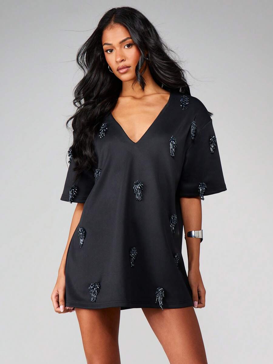 MISSGUIDED Đầm ngắn màu đen đính sequin pha lê lấp lánh, cổ chữ V, tay ngắn, thích hợp cho các buổi tiệc. - màu đen - Xem 1