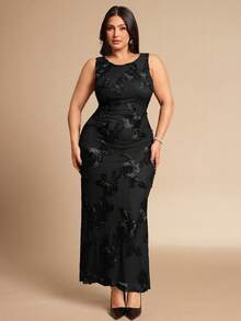 SHEIN BAE 大码女士优雅碎花图案无袖露背开衩连衣裙，夏季 - 黑色 - 查看 1