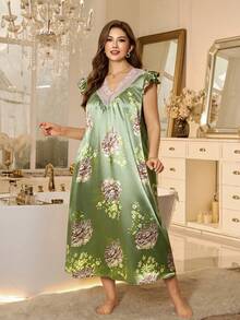SHEIN Camisón largo elegante de satén con estampado, cuello en V, mangas con volantes de encaje y talla grande - Verde - Ver 4