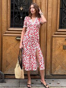Pariaura 2026 New Women's Long Red Floral Dress Puff Short Sleeve V-Neck White Lace Trim On Sleeves & Neckline Zipper Closure Casual Office Commute Minimalist Vacation Dress Women Vacation Dress Wrap Dresses For Women Summer Elegant Floral Dress Women Cherry Dress Women Floral Midi Dress Women French Style Dress Strawberry Dress Women - Multicolor - View 5