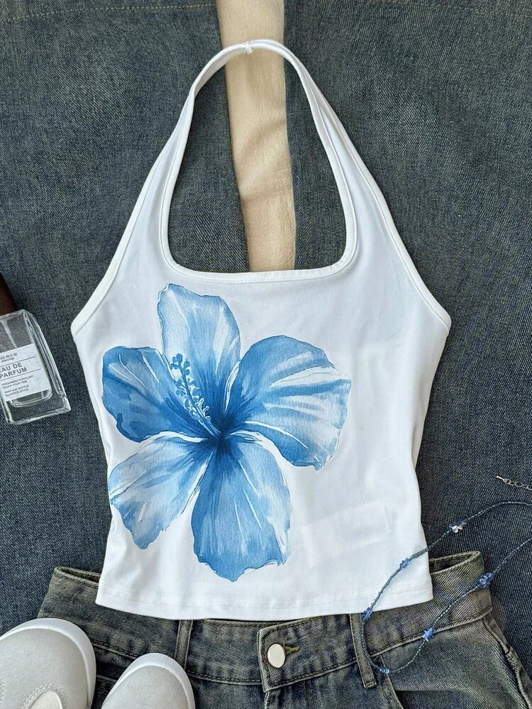 SHEIN Teen Girls Flower Print White Tank Top,Summer Boho Beach