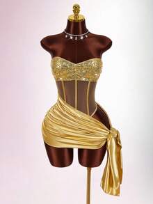 Amplova 女士性感系带迷你连衣裙，亮片拼接裹身裙摆，性感时尚，适合派对和夜店穿着。 - 金色 - 查看 3