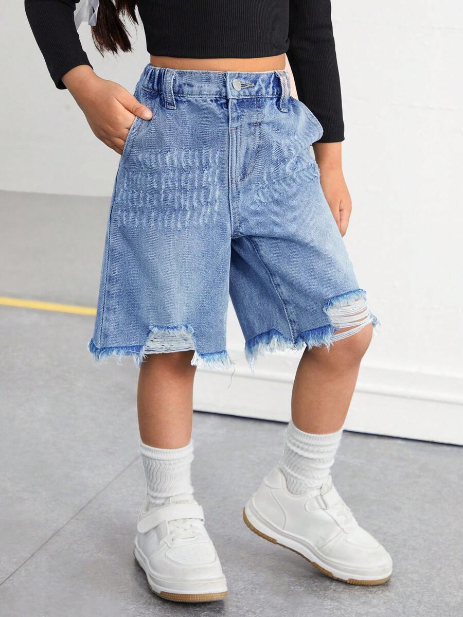 SHEIN 千禧年蓝色牛仔宽松百慕大短裤，适合年轻女孩，春夏休闲度假风牛仔服 - 中等水洗藍 - 查看 1