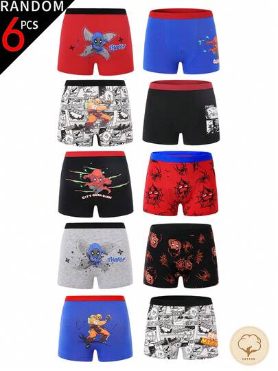 6ชิ้น/แพ็ค บ็อกเซอร์บรีฟพิมพ์ลายสไปเดอร์และนักสู้สไตล์อนิเมะสำหรับเด็กชายวัยรุ่น คละสี