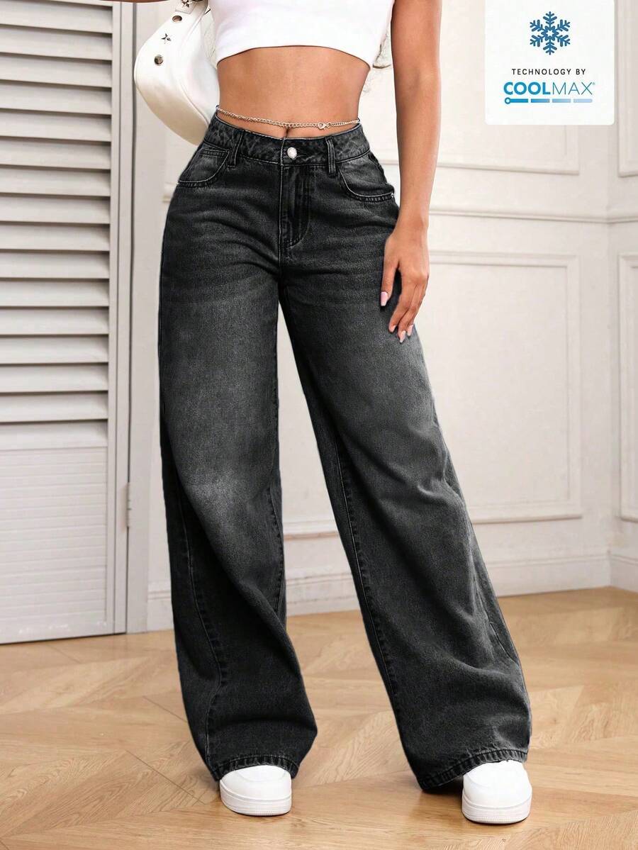 SHEIN PETITE Quần jeans ống đứng dáng thường ngày cho nữ, kiểu dáng wash. - màu đen - Xem 1