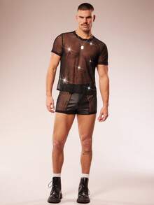 FeverCity Men's Shiny Mesh Round Neck Short Sleeve Sheer T-Shirt - Black - View 3