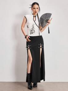 ROMWE Avant Spring/SummergraphicwhiteRetro New Chinese Style Mandarin Collar Dragon & Chinese Character Print Tight Fitted Top - Beige - View 5