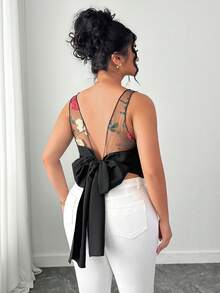 SHEIN Elenzya Áo kiểu nữ cỡ lớn thanh lịch, thường ngày, phối lưới, hở lưng, dây buộc, không tay, cổ chữ V sâu, thích hợp đi làm. - Nhiều màu - Xem 2