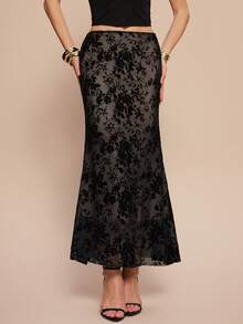 Olia Maree Olia Maree Elegant Black Lace Mermaid Skirt With Random Print And Zipper Details Long Length Summer Summer Outfit Summer Clothing Women's Summer Outfits Vacation Holiday Summer Holiday Outfits Women's Vacation Outfits Women's Office Attire Women's Office Attire Black Skirt Elegant Women's Skirt - Black - View 1