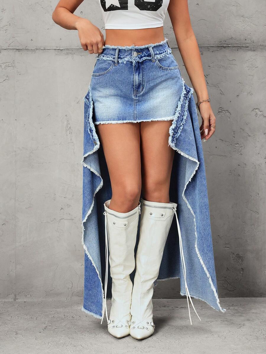 SHEIN HypeZone 低腰毛边长短款牛仔裙 - 中等水洗藍 - 查看 1
