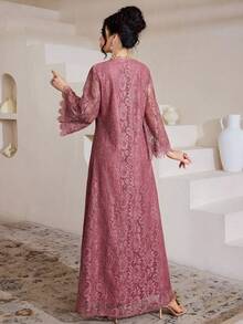 SHEIN Najma 方领蕾丝流苏七分袖喇叭形阿拉伯女式连衣裙 - 紫色 - 查看 6