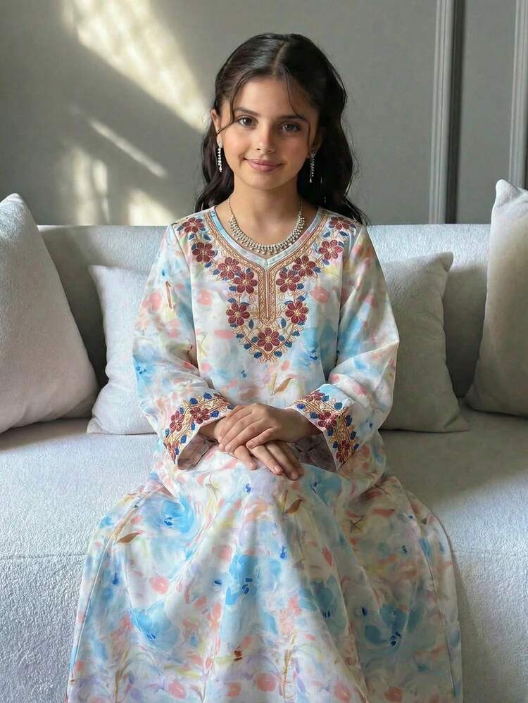 SHEIN 少女宽松休闲超长碎花V领长袍，度假风，阿拉伯长袍 - 藍色 - 查看 1