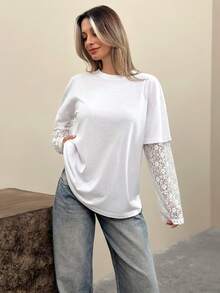 EURMUSE 宽松版型T恤，圆领，长款透视蕾丝袖，柔软棉混纺面料，休闲时尚，尽显女性柔美气质，透气轻盈，日常穿着舒适，打造时尚叠穿造型，日夜皆宜。 - 白色 - 查看 3