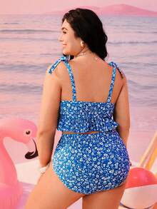 Swim Mod Plus Size Ditsy Floral Swimsuit Set, Ruffled Hem, Front Drawstring Pants, Side Ruched, Suitable For Vacation, Beach, Pool - Multicolor - View 2