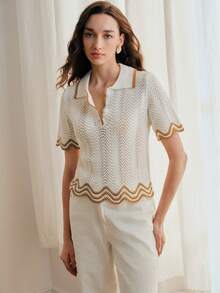 Anewsta Women's Knitted Polo Collar Short Sleeve Pullover Top - White - View 6