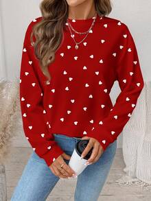 SHEIN LUNE Casual Vintage Elegant Commute Versatile Warm Romantic Heart-Shaped Red Valentine's Day Print Pattern, Comfortable Loose Fit Crew Neck Long Sleeve Sweatshirt For Women, Suitable For Autumn/Winter - Multicolor - View 4