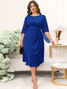 Reflora Vestido de línea A con cintura ceñida, mangas con volantes y unicolor elegante para mujer de talla grande - azul real - Ver 7