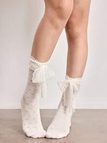 ROMWE Kawaii Kaos Kaki Setengah Betis Wanita dengan Hiasan Pita - A6 putih pudar - View 3