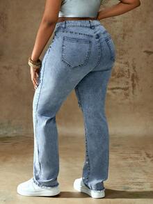 Truni Plus Size Casual Washed Distressed Rhinestone Embellished Jeans, For Pear & Triangle Body Shape - Blue - View 2