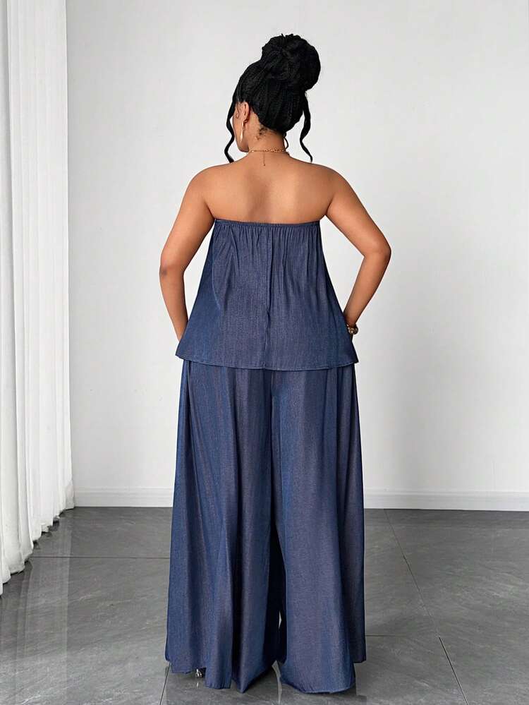 Maweii Plus Size Women 2 Piece Set: Sleeveless Pleated Solid Color Crop Top + Elastic Waist Wide Leg Pants, Suitable For Spring, Summer, Autumn, Winter, Casual, Elegant, Commute, Date Outfit - Blue - View 3