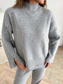 EURMUSE Set de 2 piezas de mujer con suéter de unicolor casual y pantalones largos con decoración de rhinestones, para otoño/invierno - Gris Claro - Ver 5