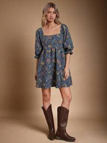 WESTFADE Đầm ngắn tay phồng, cổ vuông, lưng nhún, chất liệu jacquard, họa tiết hoa, phong cách boho dễ thương, thích hợp cho mùa thu, đông, đi xem hòa nhạc đồng quê, trang phục miền Tây cho nữ. - Xanh đậm - Xem 5
