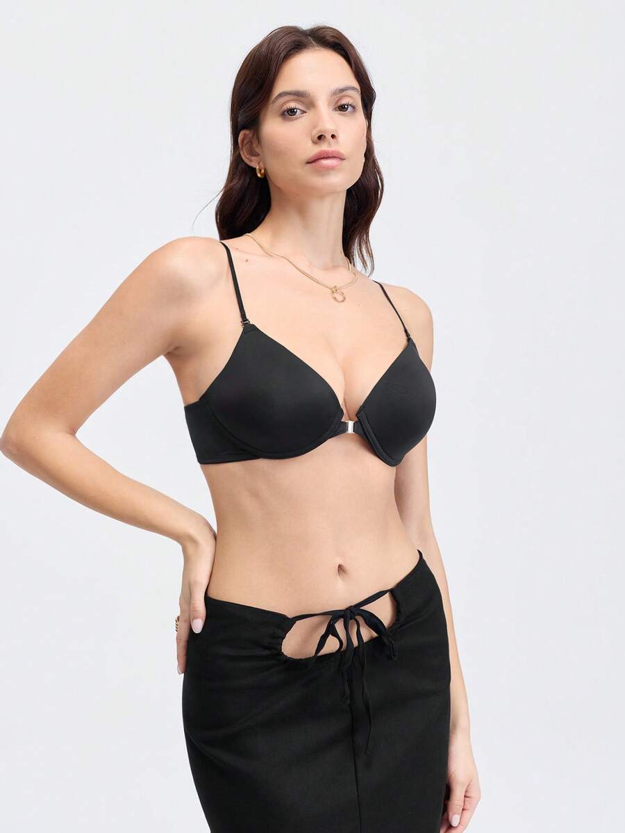 Loungeista 1 件黑色前扣、交叉肩带、精致细肩带、软杯提升和支撑女士文胸 - 黑色 - 查看 1