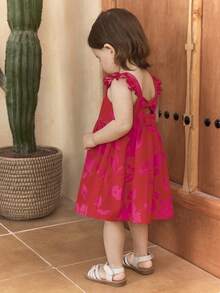 SHEIN 女婴纯色花卉荷叶边休闲方领连衣裙 - 彩色 - 查看 3