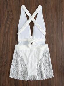 Swim Chiccia Summer Beach Plain Criss Cross One Piece Swimsuit With Beach Skirt - White - View 3