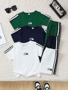 SHEIN Genkimix Kids 6pcs/Set Boys' Round Neck Short Sleeve Shorts, 3pcs/Set Green, Black, White Boys' Multi-Piece Set, Letter Print "YOU'RELACKINGVITAMIN" With Side Stripe, Comfortable Fit, Suitable For Summer Daily Wear, School, Outdoor Play, Family Outings, Sports Casual Style Boys Casual Sets 6 Pcs Boys Casual Sets Boys Outfit Sets 6 Pcs Boys Set Boys Striped Short Sets Boys Short Sleeve Sets Boys Summer Sets Boy Casual Sets Boys Short Sleeve Shorts Set - Multicolor - View 1