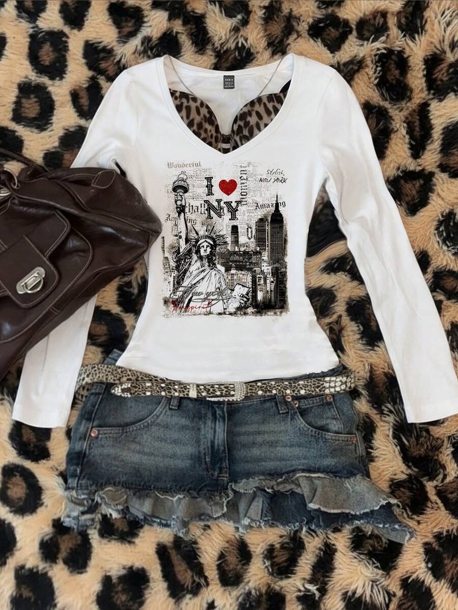 Attitoon 女士V领休闲简约修身长袖T恤，复古风格“我爱纽约”自由女神像和纽约城市景观印花，百搭机场穿搭，春夏皆宜。 - 白色 - 查看 1