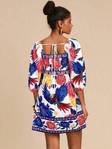 Travachic Đầm ngắn cổ vuông in hoa nhiều màu sắc dành cho nữ - Xanh đậm - Xem 2