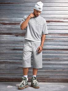 AXEPEAK Men's Casual Fashion Street Daily Commute Letter Print Drop Shoulder Loose T-Shirt And Drawstring Waist Shorts Set, Summer - Light Grey - View 5