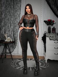 SHEIN Whyspr 大码暗黑系带渔网紧身裤 - 黑色 - 查看 5