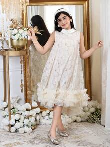 SHEIN 时尚优雅的少女亮片网纱无袖连衣裙 - 杏色 - 查看 5