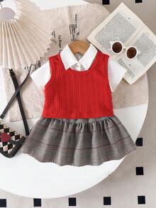 Souflis Souflis Bộ 3 món thanh lịch cho bé gái: Áo sơ mi trắng cổ bẻ tay ngắn kiểu dáng thường ngày, áo vest dệt kim màu đỏ và chân váy kẻ caro phối màu, phù hợp cho đi học, đi làm, mùa hè và mùa thu. - Đỏ - Xem 3