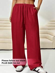 SHEIN EZwear 女士加大码宽松红色梭织裤 - 紅色 - 查看 1